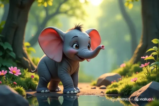 Charming Baby Elephant in Lush Forest Setting – AI Generated Video | Hailuo AI