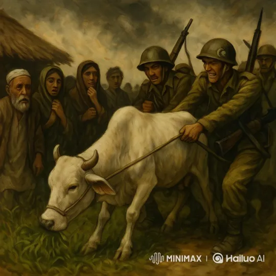 Soldiers, Villagers, and a White Cow: A Tense Scene – AI Generated Video | Hailuo AI