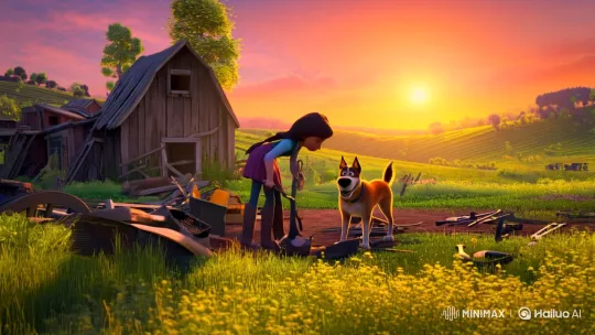 Determined Farm Girl and Her Dog Amidst Ruined Farm – AI Generated Video | Hailuo AI