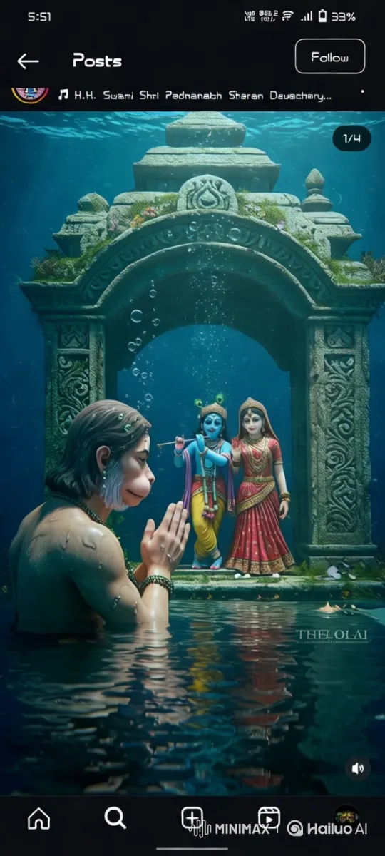 Devotional Hanuman Prays Underwater Amidst Ancient Statues – AI Generated Video | Hailuo AI