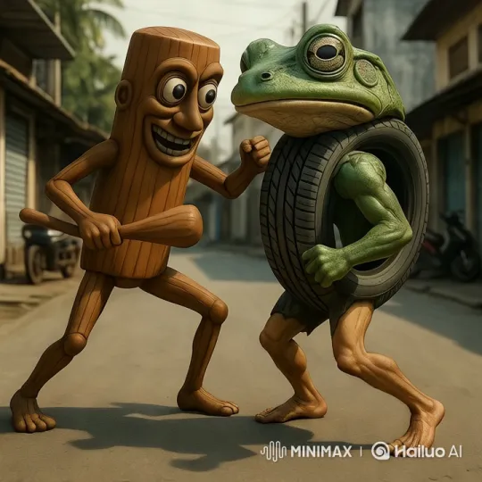 Aesthetic Fight: Wooden Figure vs. Muscular Frog – AI Generated Video | Hailuo AI