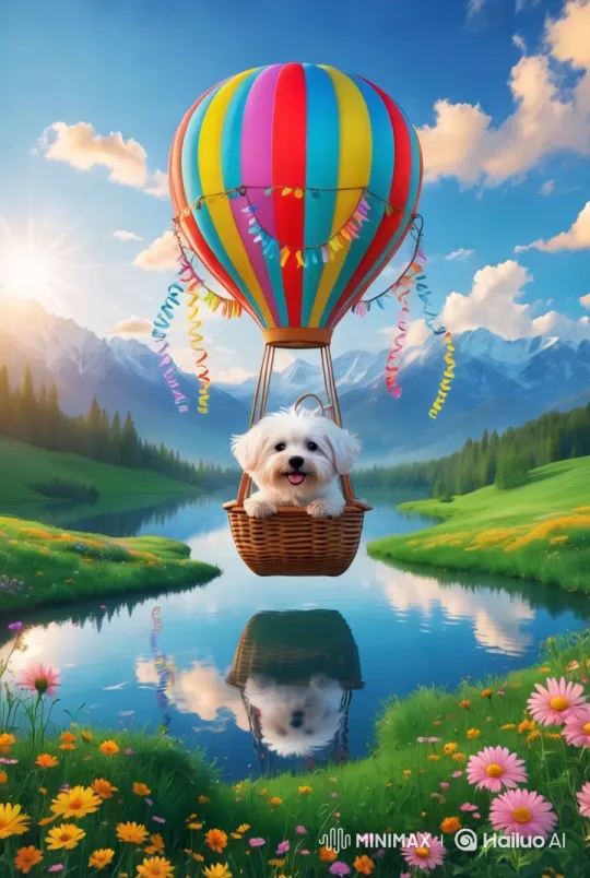 Colorful Hot Air Balloon Adventure with a Fluffy Dog – AI Generated Video | Hailuo AI