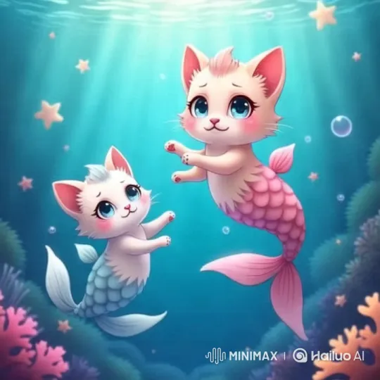 Mermaid Kittens Explore Enchanting Underwater Realm – AI Generated Video | Hailuo AI