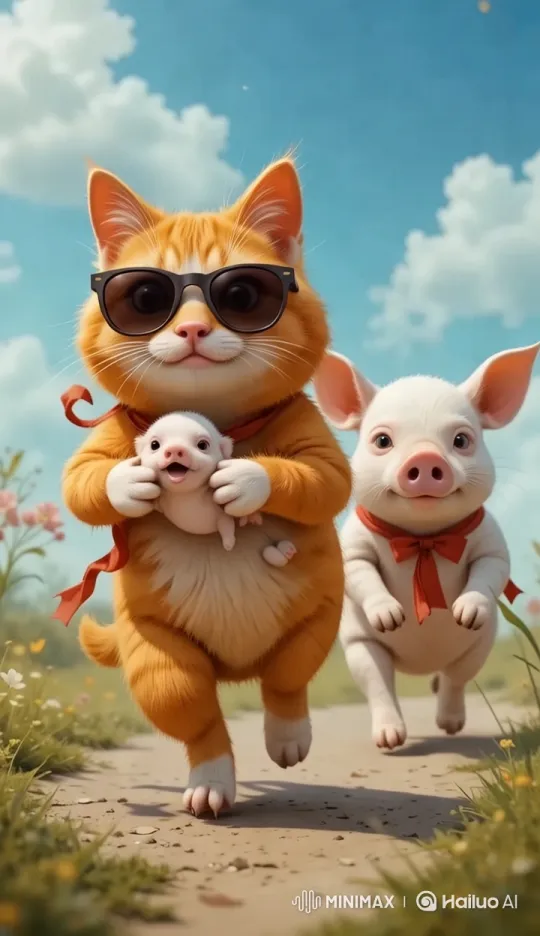 Vibrant Cat Chases Piglet in Lush Meadow – AI Generated Video | Hailuo AI