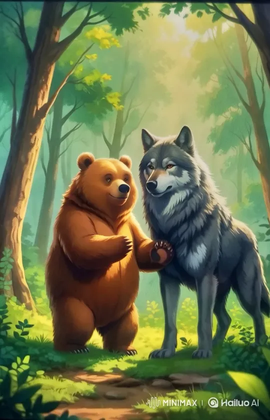 Harmonious Run: Bear and Wolf in Tranquil Forest – AI Generated Video | Hailuo AI