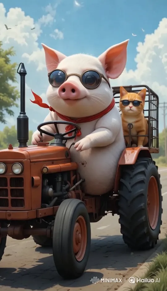 Pig Steers Tractor in Vibrant Rural Setting – AI Generated Video | Hailuo AI