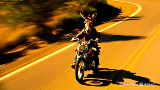 Donkey Joyfully Rides Motorcycle on Scenic Road – AI Generated Video | Hailuo AI