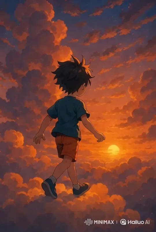 Child Walks on Sunset Clouds in Anime Cinematic Shot – AI Generated Video | Hailuo AI