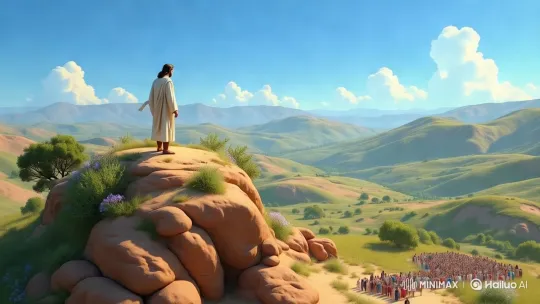 Jesus Preaches to an Engaged Crowd on a Hilltop – AI Generated Video | Hailuo AI