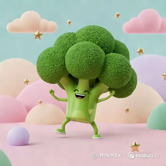 Animated Broccoli Dances in Whimsical Pastel World – AI Generated Video | Hailuo AI