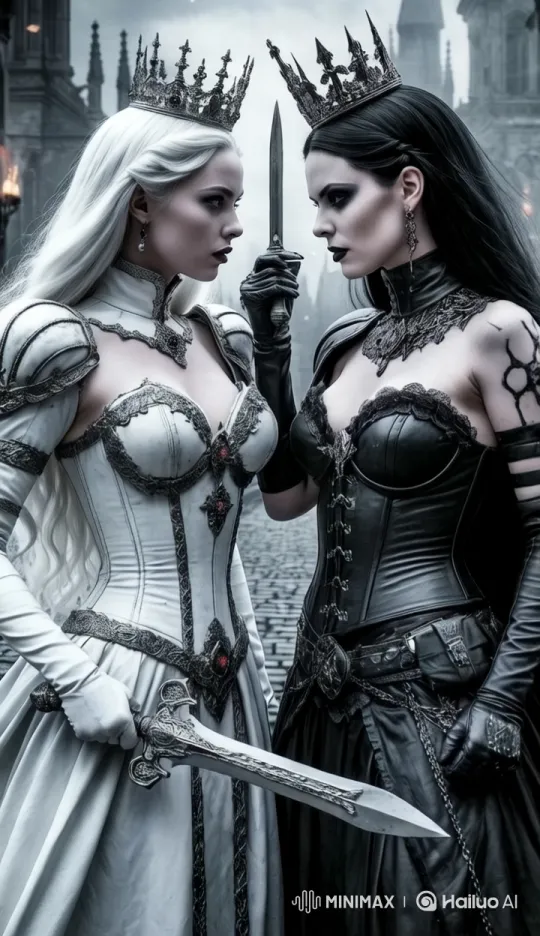 Regal Duel: Aesthetic Confrontation in Gothic Courtyard – AI Generated Video | Hailuo AI