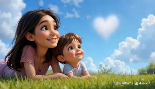 Mother and Child Enjoy Serene Moment with Heart-Shaped Clouds – AI Generated Video | Hailuo AI