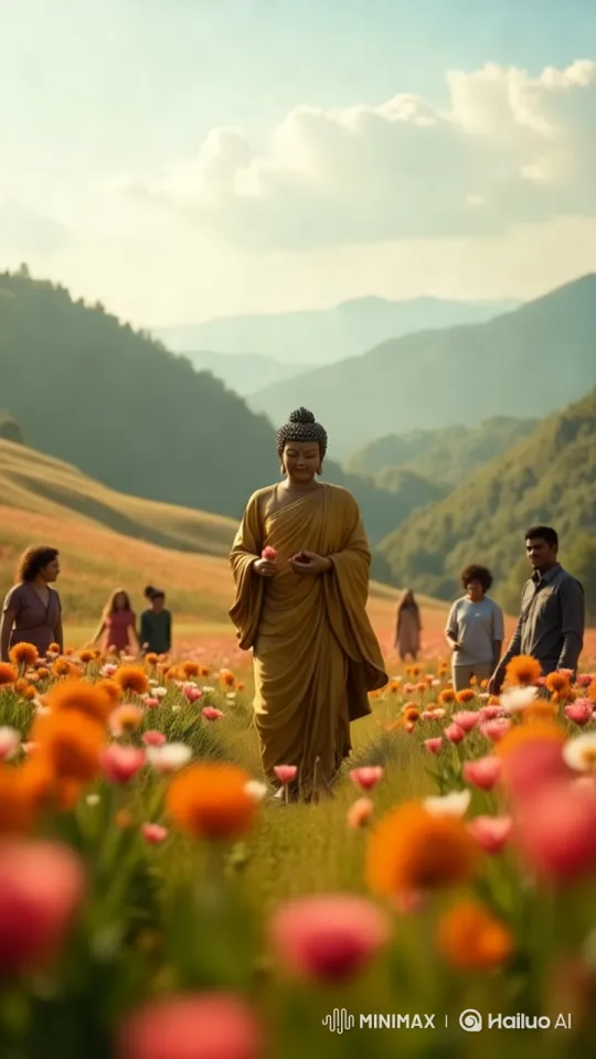Tranquil Buddha Walks Through Flowery Landscape – AI Generated Video | Hailuo AI