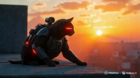 Cybernetic Cat Overlooks Futuristic Cityscape at Sunset – AI Generated Video | Hailuo AI