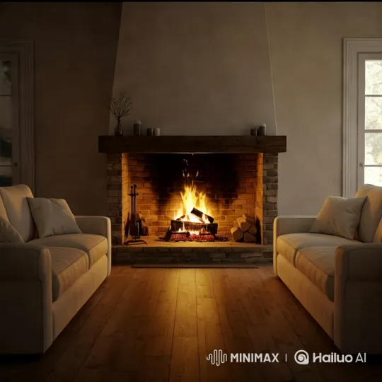 Cozy Living Room with Rustic Fireplace – AI Generated Video | Hailuo AI