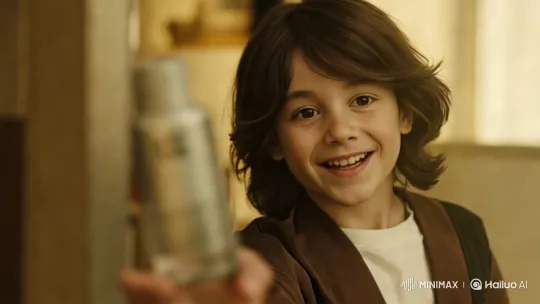 Young Boy Presents Silver Bottle in Warmly Lit Room – AI Generated Video | Hailuo AI
