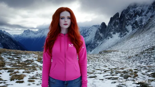 Redheaded Woman in Mountainous Solitude with NT Logo – AI Generated Video | Hailuo AI