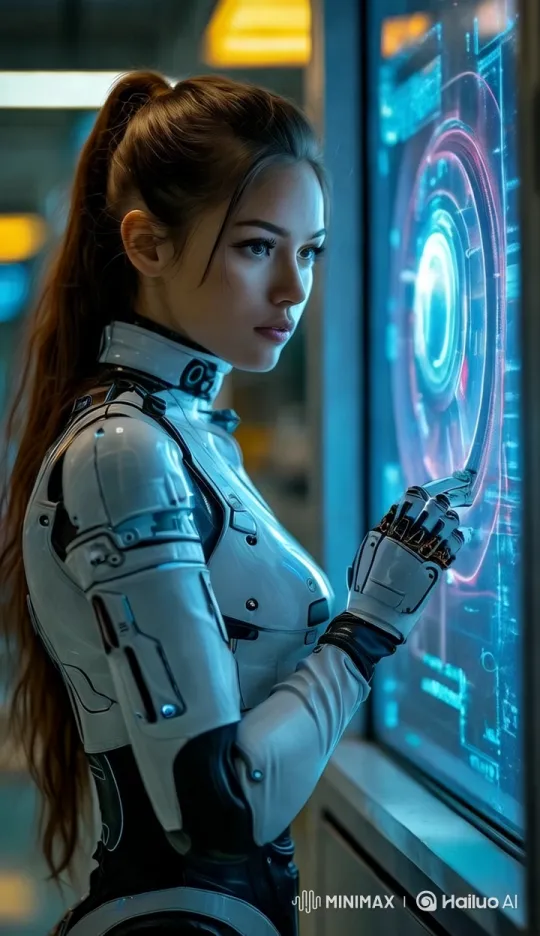 Future Tech: Woman in Robotic Suit Interacts with Holographic Interface – AI Generated Video | Hailuo AI
