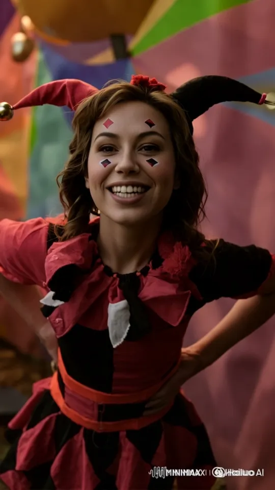 Jester Woman Enacts Playful Scene with Oversized Mallet – AI Generated Video | Hailuo AI