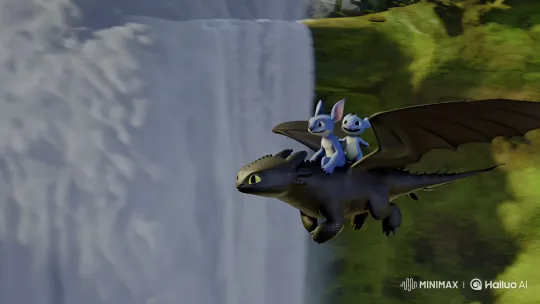 Stitch and Toothless Grace a Majestic Waterfall Scene – AI Generated Video | Hailuo AI