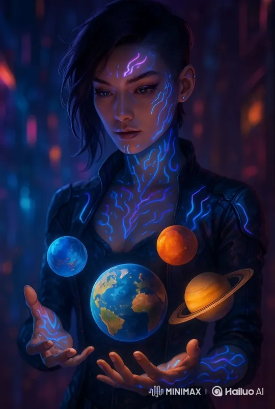 Futuristic Figure Orbits Planets in Neon-Lit Dance – AI Generated Video | Hailuo AI