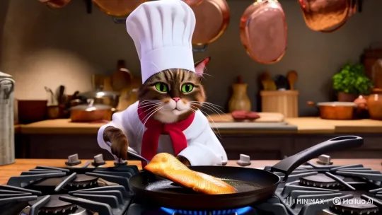 Charming Cat Chef Cooks with Grace in Rustic Kitchen – AI Generated Video | Hailuo AI