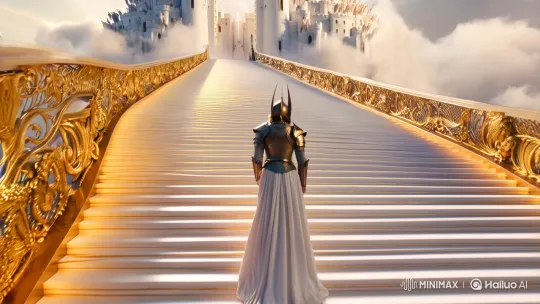 Paladin Ascends Celestial Stairs to Heavenly Castle – AI Generated Video | Hailuo AI