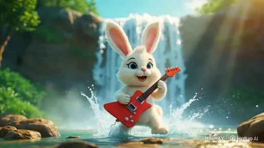 Cartoon Bunny Enthusiastically Plays Guitar by Waterfall – AI Generated Video | Hailuo AI
