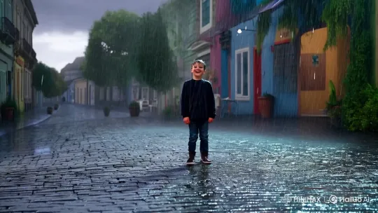 Boy Dances Joyfully in Rain, Captivating Camera – AI Generated Video | Hailuo AI