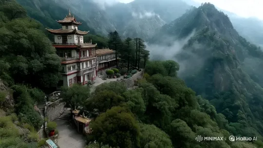 Majestic Mountain Temple Revealed in Misty Morning Aerial Pan – AI Generated Video | Hailuo AI