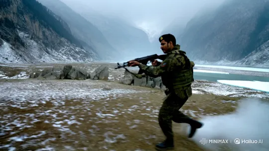 Indian Soldier's Dramatic Standoff in Kashmir's Snowy Landscape – AI Generated Video | Hailuo AI