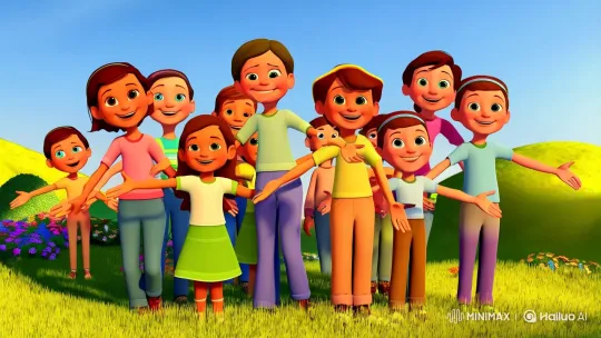Children Embrace World in Animated Pixar Landscape – AI Generated Video | Hailuo AI