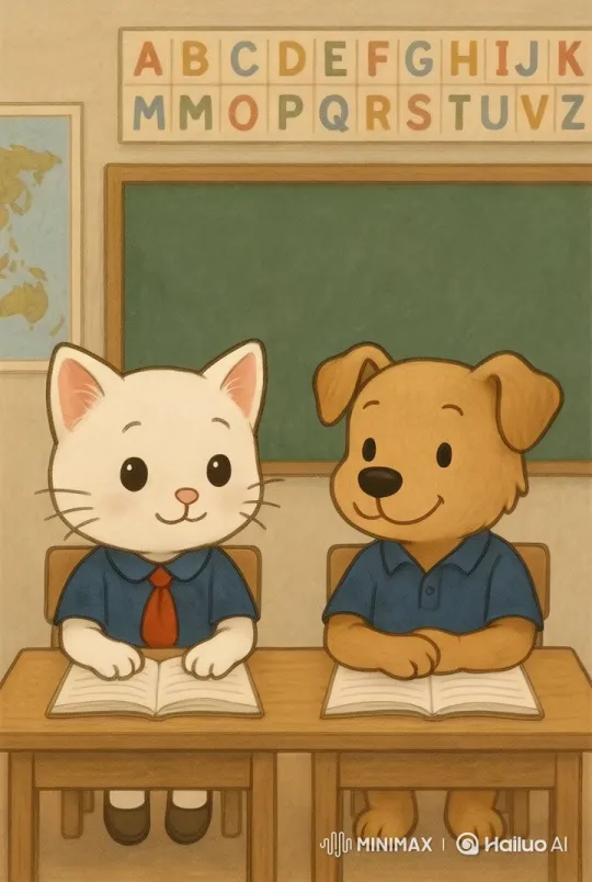 Live2D Animated Classroom Scene: Cat and Dog Studying – AI Generated Video | Hailuo AI
