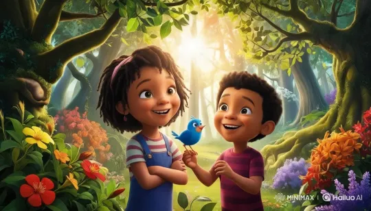 Children and Bird in Enchanted Forest Setting – AI Generated Video | Hailuo AI