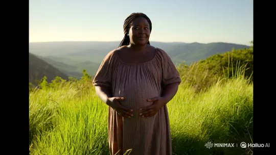 Pregnant Woman Embraces Serenity in Verdant Landscape – AI Generated Video | Hailuo AI