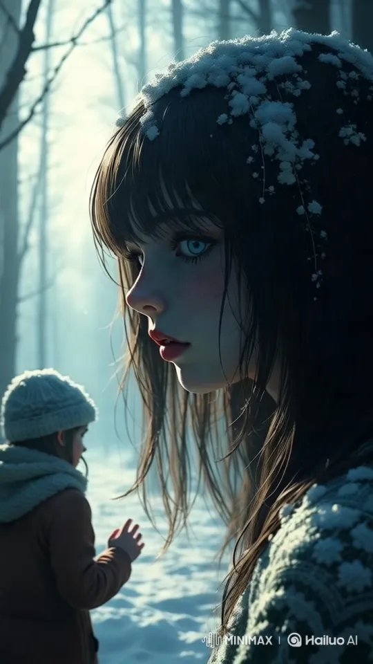 Peaceful Winter Forest: Kid and Figure in Snowy Interaction – AI Generated Video | Hailuo AI