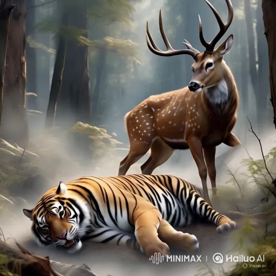 Deer Triumphs Over Fallen Tiger in Serene Forest – AI Generated Video | Hailuo AI