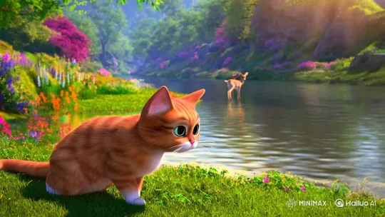 Charming Cat by Shimmering River with Grazing Deer – AI Generated Video | Hailuo AI