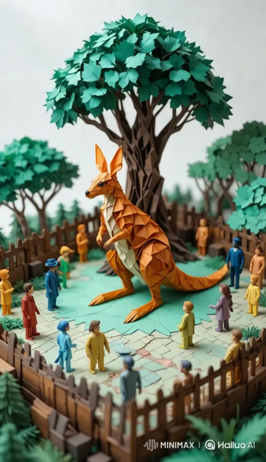 Origami Kangaroo Enthusiastically Interacts with Paper Spectators – AI Generated Video | Hailuo AI