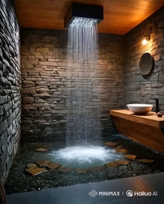Luxurious Shower Room with Rustic Charm and Modern Design – AI Generated Video | Hailuo AI