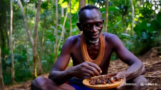 African Man Consumes Insects in Serene Jungle Setting – AI Generated Video | Hailuo AI