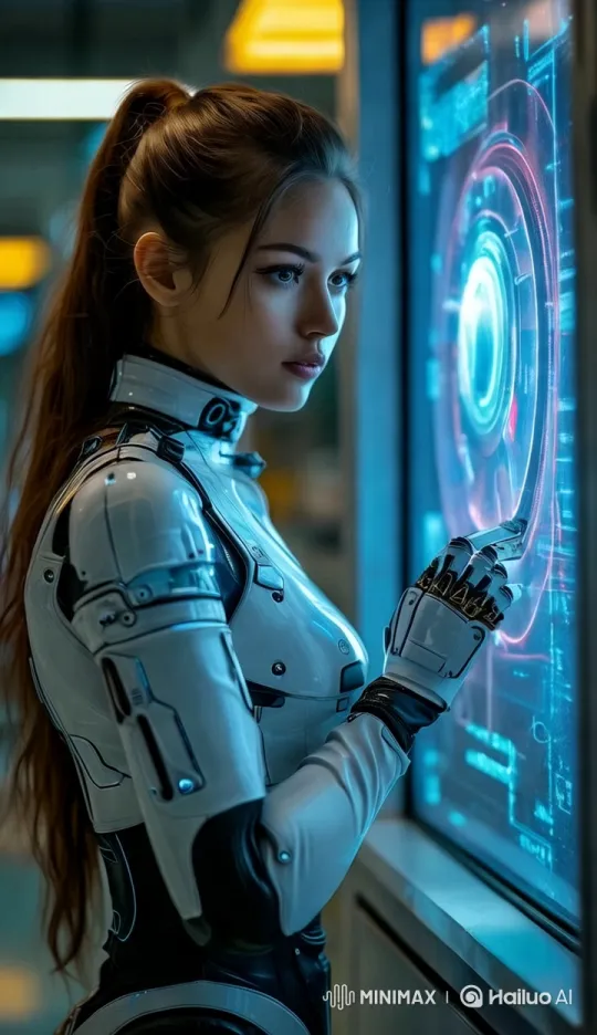 Futuristic Woman Interacts with Holographic Tech Interface – AI Generated Video | Hailuo AI
