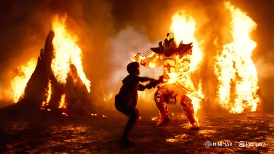 Boy Battles Fiery Warrior Amidst Fiery Inferno – AI Generated Video | Hailuo AI