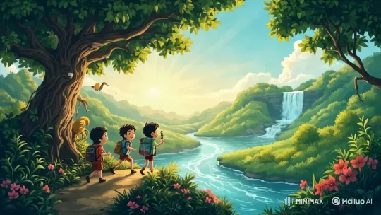 Children Admire Scenic Landscape at Golden Hour – AI Generated Video | Hailuo AI