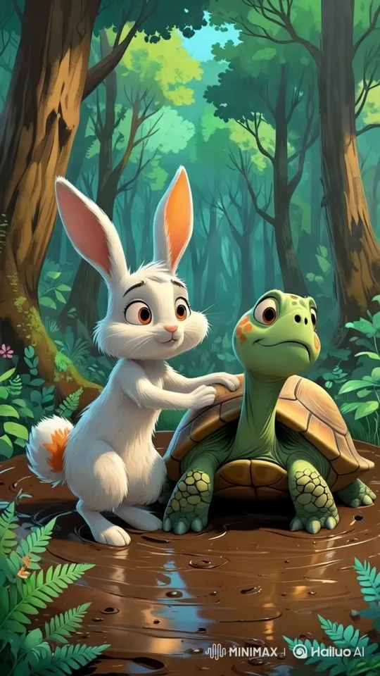 White Rabbit Conveys Emotions to Attentive Turtle in Forest – AI Generated Video | Hailuo AI