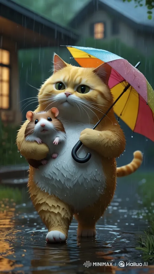 Fat Yellow Cat Carries Hamster Through Rain in 8K Aesthetic Video – AI Generated Video | Hailuo AI