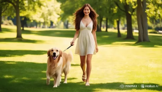 Woman and Golden Retriever Stroll Through Serene Park – AI Generated Video | Hailuo AI