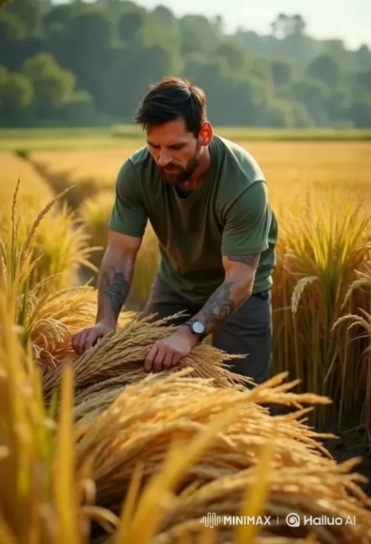 Messi Harvests Golden Rice Amidst Serene Hills – AI Generated Video | Hailuo AI