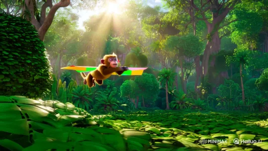 Monkey Soars on Paper Plane in Lush Jungle Setting – AI Generated Video | Hailuo AI