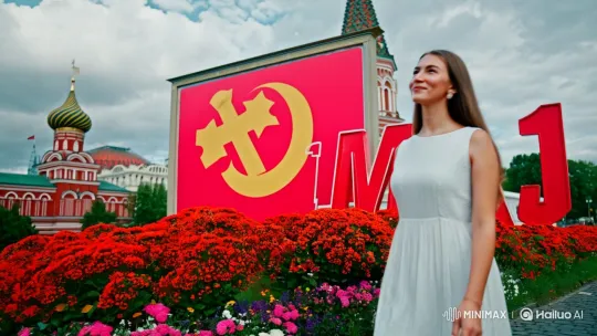 Young Lady's Elegant Walk by Moscow Kremlin with Soviet Imagery – AI Generated Video | Hailuo AI